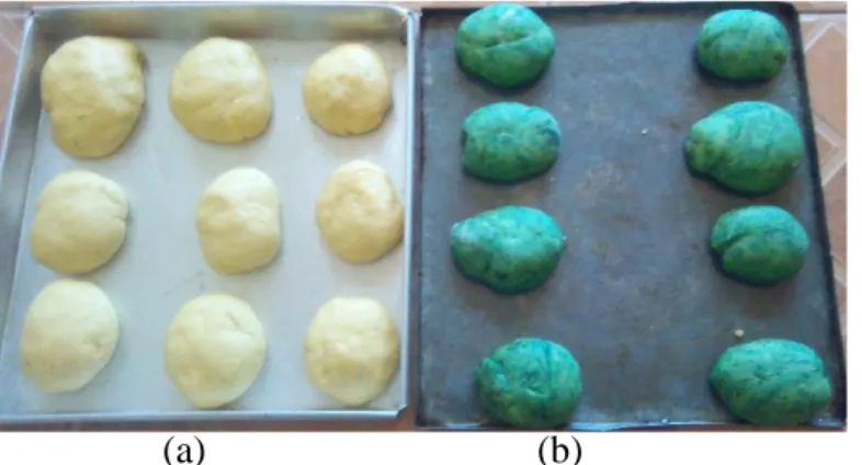Gambar 3. Adonan roti, (a) roti kontrol dan (b) roti mikroalga Spirulina plantesis   