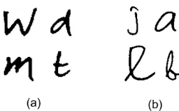 Gambar 1. Contoh variasi ketebalan dalam huruf tulisan-tangan. Penulisan huruf pada (a) cenderung lebih tebal dari (b)
