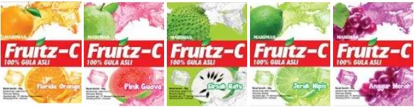 Gambar 2. Kemasan produk Fruitz-C dengan 5 varian rasa Dari kiri ke kanan yaitu florida orange, pink guava, sirsak ratu, jeruk nipis, dan anggur (Sumber: www.marimas.com)