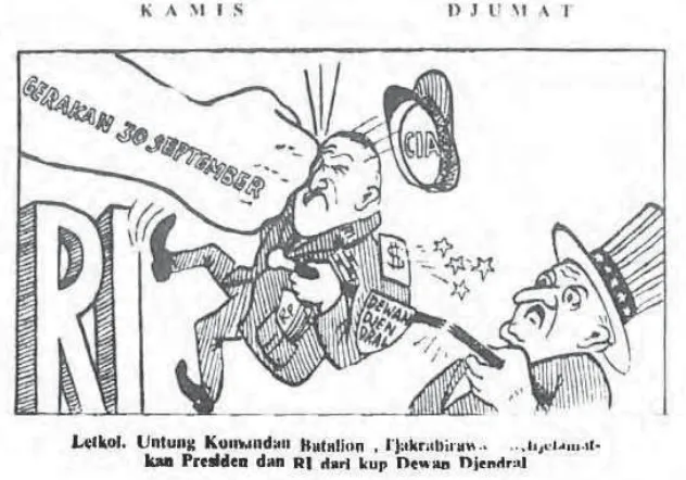 Gambar 7. Kartun ini muncul di bagian bawah halaman depan surat kabar Harian Rakjat Sabtu, 2 Oktober 1965.