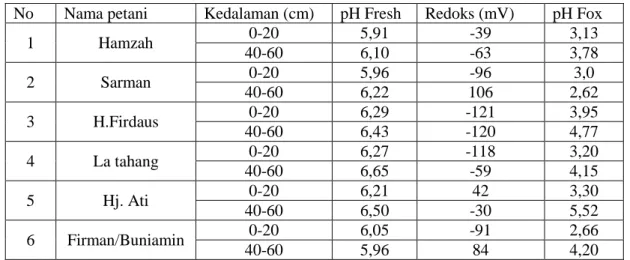 Tabel 2. Hasil Pengukuran pH dan Redoks Potensial Tanah pada Kedalaman 0-20 dan 40-60 cm     pada Masing-Masing Petak Sawah 