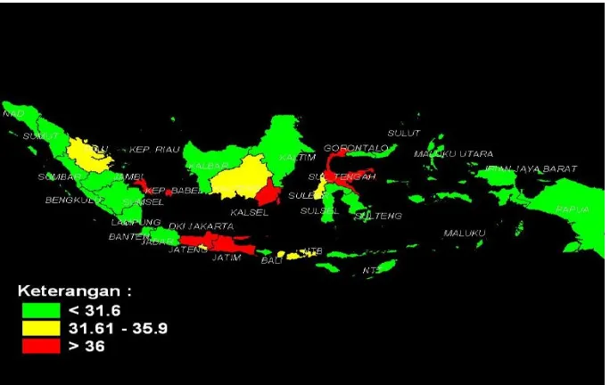 Gambar 2. Peta Prevalensi Hipertensi di Indonesia (Anonim, 2007) 