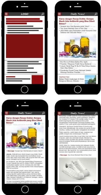 Gambar 1. Rekomendasi peletakan image, typography, dan color pada halaman utama (atas) dan halaman isi (bawah) website berita mobile