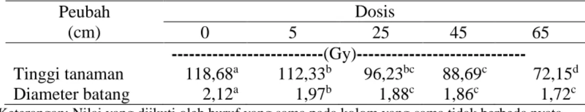 Tabel  2.Tinggi  Tanaman  dan  Diameter  Batang  Bunga  Matahari  Waktu   Mekar Sempurna pada Perlakuan Iradiasi Sinar Gamma