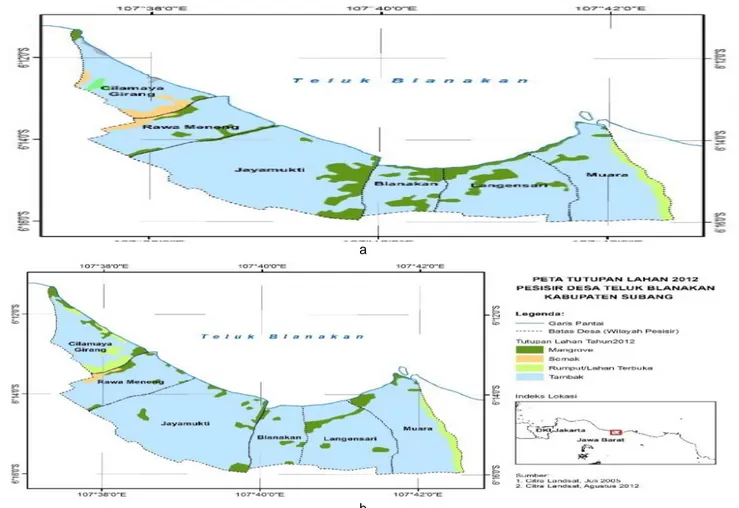 Gambar 1 Peta tutupan lahan Kecamatan Blanakan (a) 2005; (b) 2012 (Sumber: BIG Citra Landsat 2005 dan 2012, diolah  2013).