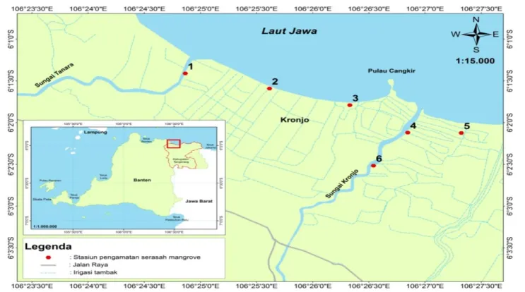 Gambar 1  Peta lokasi penelitian produksi serasah mangrove di daerah pesisir Tangerang, Banten.
