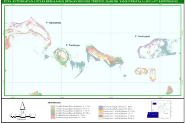 Gambar  7. Peta kedalaman versus kondisi terumbu karang di TWAL Kapoposang. 