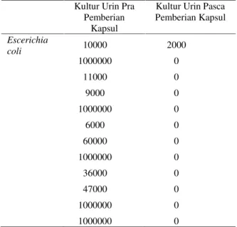 Tabel  3.  Perbandingan  hasil  identifikasi  dan  jumlah koloni Escerichia  coli pada  kultur  urin sebelum  dan  sesudah  pemberian  kapsul serbuk jahe