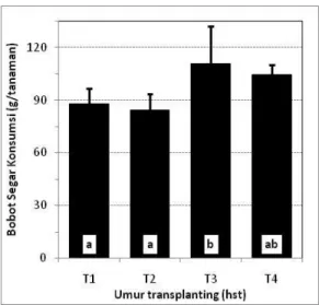 Gambar  2    Hubungan  umur  transplanting  dan  bobot  segar  konsumsi  tanaman  pada  perlakuan  umur transplanting 