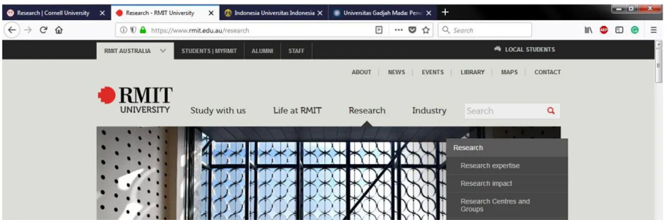 Gambar 7. Tampilan website RMIT University yang menempatkan tombol riset di halaman depan