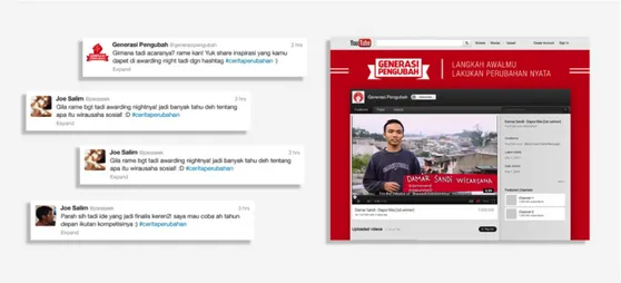 Gambar 7. Visual akun social media twitter dan youtube “Generasi Pengubah”. Setelah event berakhir,  social  media  akan  terus  digunakan  untuk  mengupdate  info-info  mengenai  kegiatan  komunitas  dan  perkembangan  dunia  kewirausahaan  sosial