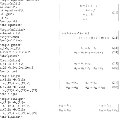 Table 1: Multi-line equations and equation groups (vertical lines indicating nominal mar-