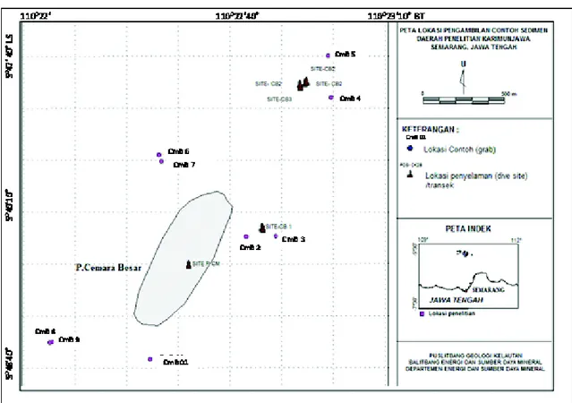 Gambar  5. Peta lokasi pengambilan contoh sedimen di Pulau Cemara Besar 
