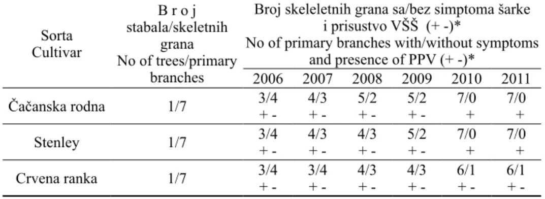 Tabela 1 – Prisustvo/odsustvo simptoma šarke i VŠŠ na delu  krune – skeletnim granama ispitivanih stabala šljiva