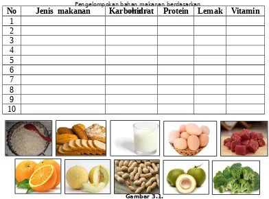 Tabel 3.1.Jenis  makananPengelompokan bahan makanan berdasarkanKarbohidratzat giziProteinLemak