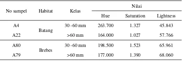 Tabel 3 Rekapitulasi hue-saturation pada cangkangkerang simping