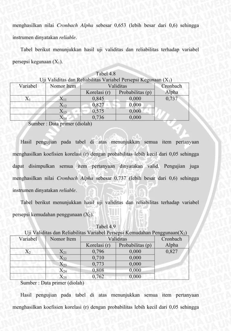 Tabel  berikut  menunjukkan  hasil  uji  validitas  dan  reliabilitas  terhadap  variabel  persepsi kegunaan (X 1 ).