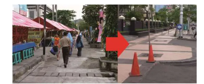 Gambar 6.  PKL di atas jalur pejalan kaki di sisi Timur jalan Pahlawan sebelum direlokasi (kiri), setelah ditata  lingkungannya PKL diminta berpindah tempat dan sekarang dikembalikan fungsinya sebagai jalur pejalan 