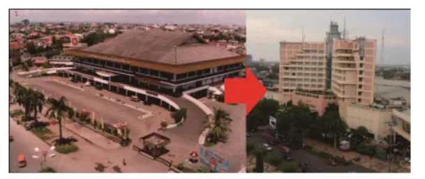 Gambar 3. Kondisi GOR tahun 1979 (kiri) menjadi Pusat Perdagangan (Mal dan hotel Citraland) sekarang  (kanan) 