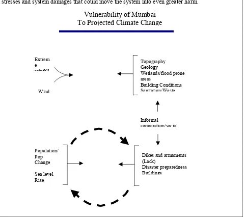 Figure 6.  A schematic diagram of the key converging stresses/perturbations from climate, population, and economy, and the sets of characteristics of the Mumbai socio-ecological system that come together to create vulnerabilities