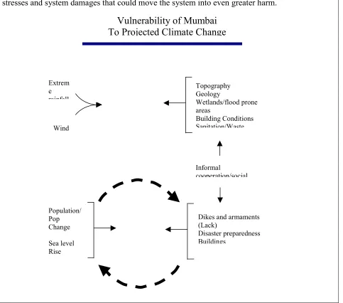 Figure 6.  A schematic diagram of the key converging stresses/perturbations from climate, population, and economy, and the sets of characteristics of the Mumbai socio-ecological system that come together to create vulnerabilities