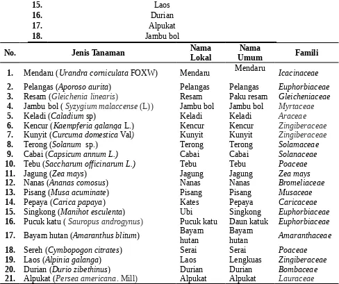 Tabel 3 Pengelompokan jenis tanaman berdasarkan nama lokal, nama umum dan