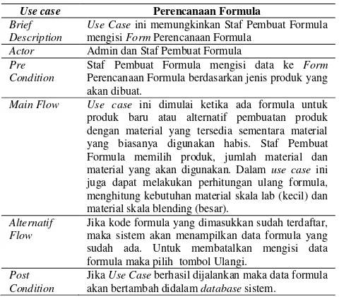 Tabel 1. Dokumentasi Use Case Perencanaan Formula 