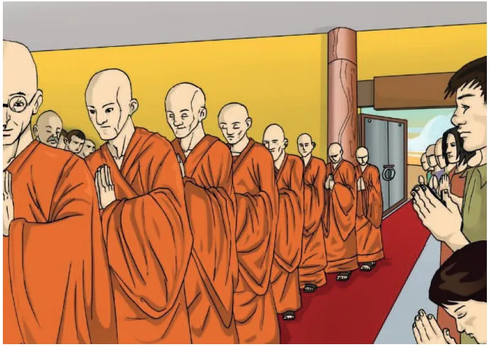 Gambar 1.18 Para Umat Menghormat Para Bhikkhu dengan Cara Berdiri