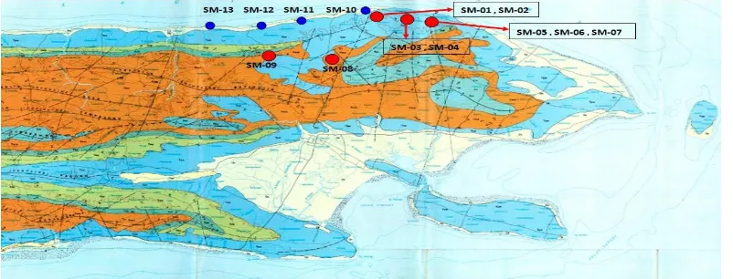 Gambar 1. Lokasi Pengambilan Sampel di Plot Dengan Peta Geologi Kabupaten Sumenep [6]