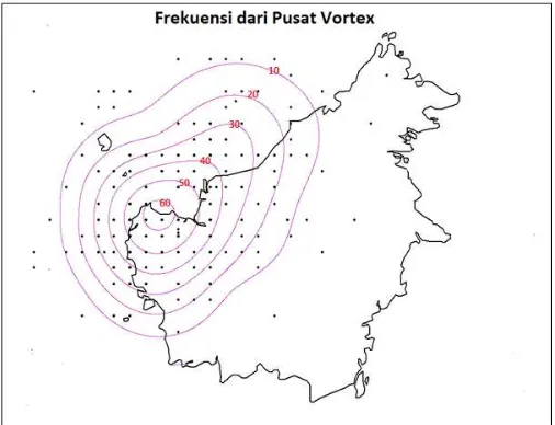 Gambar 3.Plot kontur frekuensi pusatmenunjukkan frekuensi/jumlah kejadianTitik hitam menunjukkan posisi pusat Borneo vortex