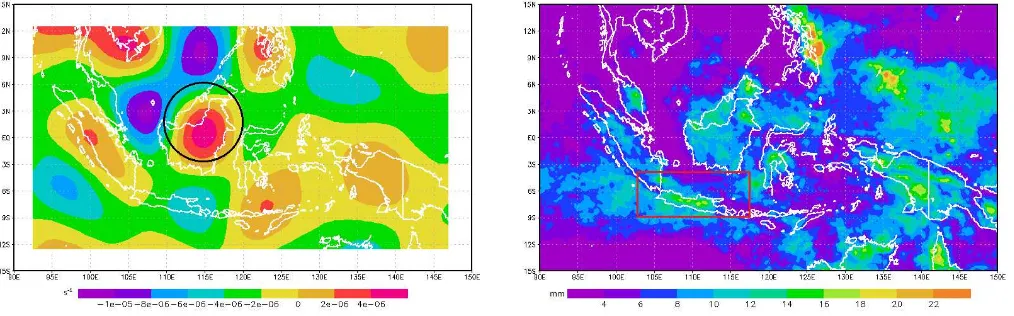Gambar 12.Komposit curah hujan harian TRMM saatkasus Borneo vortex di bulan Februari tahun 2002-2011