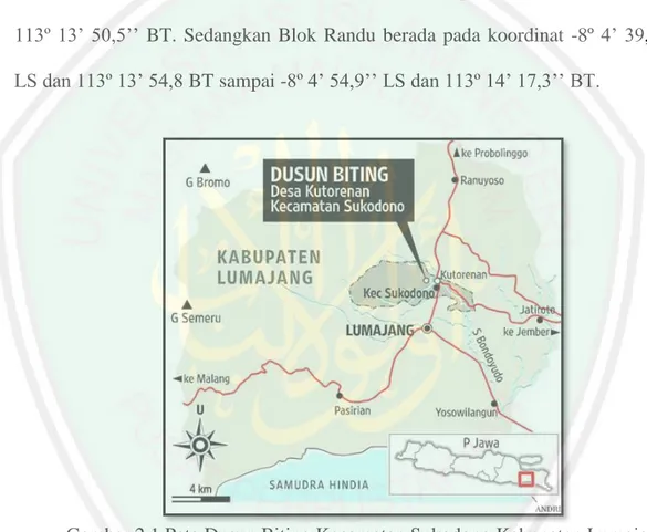 Gambar 2.1 Peta Dusun Biting Kecamatan Sukodono Kabupaten Lumajang  tempat berdirinya Situs Biting (tanahair.kompas.com) 