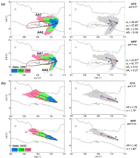 Gambar 7.Prediksi sebaran abu vulkanik hasil dari model PUFF dan data pengamatan sebaran abu vulkanik dari5 November 2010, label AA1 menunjukkan awan abu I sedangkan AA2 menunjukkan awan abu II