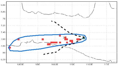 Gambar 8.Perbandingan deteksi abu vulkanik olehtur) pada pukul 10:00 WIB. Gunung Merapi ditunjukkansatelit MODIS Terra (garis putus-putus hitam) dan MTSAT(shaded merah: deteksi langsung; garis biru: analisis kon-dengan segitiga hijau.