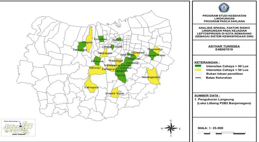 Gambar 4.12  Intensitas Cahaya  disekitar kejadian Leptospirosis Kota Semarang bulan Juli-November 2008 