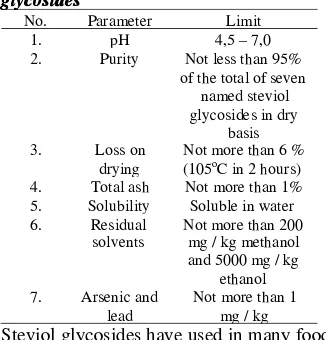 Table 1. Chemical specification of steviol Table 1. Chemical specification of steviol glycosides glycosides 