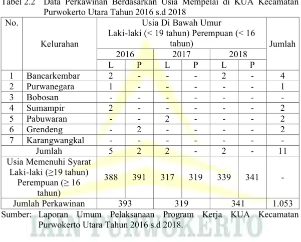 Tabel 2.2   Data  Perkawinan  Berdasarkan  Usia  Mempelai  di  KUA  Kecamatan  Purwokerto Utara Tahun 2016 s.d 2018 