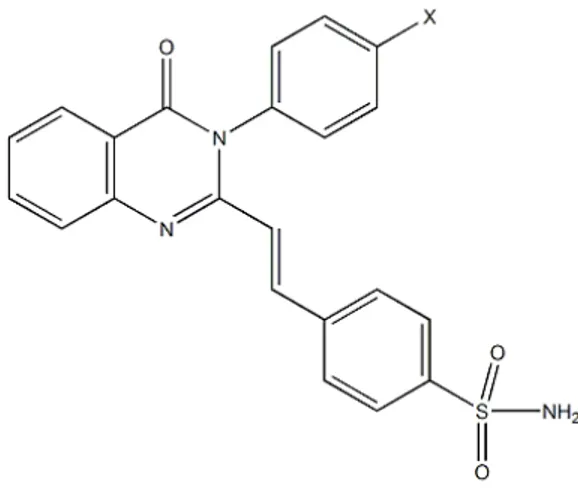 Tabel 1. Substituen senyawa 4-[(E)-2-(4-okso-3- 4-[(E)-2-(4-okso-3-fenilkuinazolin-2-il)etenil]-benzensulfonamida  Senyawa  Subtituen  (-X) 2a H 2b CH 3 2c OCH 3 2d Cl 2e Br 2f COOC 2 H 5 METODE 