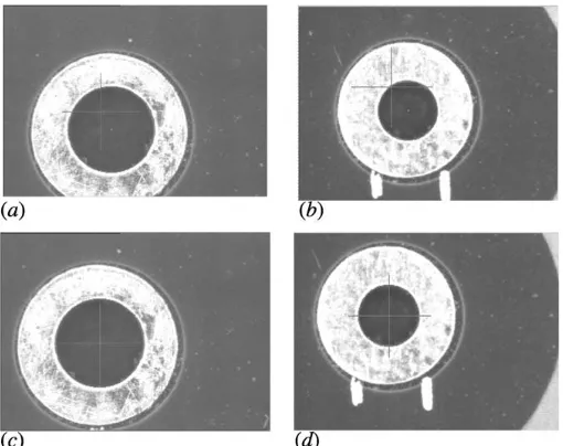 Fig. 6a–d. Alignment results a position captured by CCD1 before alignment b position captured by  CCD2 before alignment c position captured by CCD1 after alignment d position captured by CCD2 after alignment 