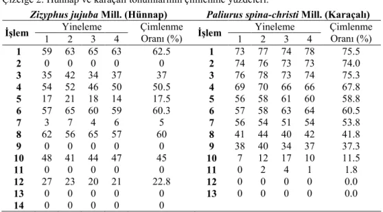 Çizelge 2. Hünnap ve karaçalı tohumlarının çimlenme yüzdeleri.  