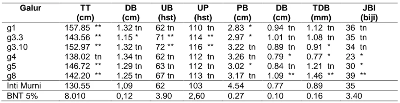 Tabel 1 Nilai Rerata Komponen Hasil pada Enam Galur dan Varietas Inti Murni  Galur  TT  (cm)  DB  (cm)  UB  (hst)  UP  (hst)  PB  (cm)  DB  (cm)  TDB  (mm)  JBI  (biji)  g1  157.85  ** 1.32 tn  62 tn  110  tn  2.83  *  0.94  tn  1.12  tn  36  tn  g3.3  143