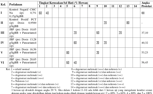 Tabel XI. Pengaruh praperlakuan jus buah pepaya 1x sehari selama 6 hari berturut-turut terhadap histopatologi sel hati tikus terinduksi parasetamol 0,9500 g/kgBB 