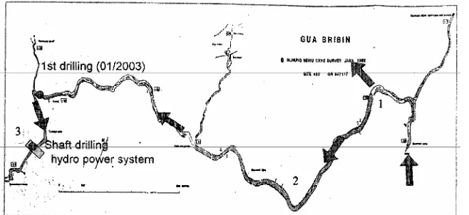 Gambar 1. Peta lokasi pengambilan sampel di sungai bawah tanah Bribin, Kab. G. Kidul 