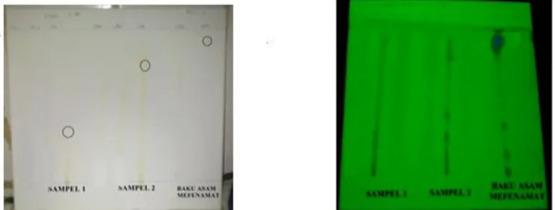 Gambar 1. Hasil kromatografi lapis tipis dengan eluen sikloheksan :  kloroform  :  metanol  :  asam  asetat  glasial  diamati  pada  sinar tampak (kiri) dan sinar UV 254 nm (kanan)