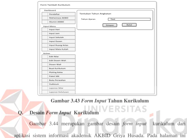Gambar 3.43 merupakan gambar desain form input  tahun kurikulum dari  aplikasi sistem informasi akademik AKBID Griya Husada