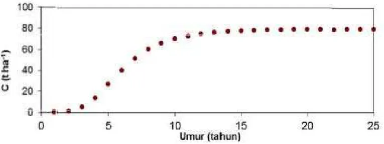 Gambar 2. Karbon Tersimpan Dalam Tanaman Kelapa Sawit Pada  Berbagai Umur Tanaman Serta Nilai Time Average C   (Sumber: Rogi, 2002)