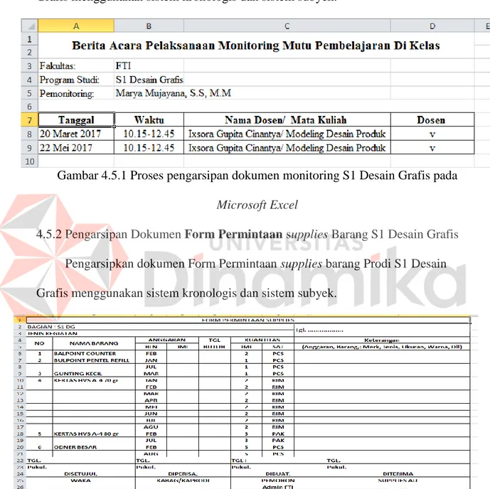 Gambar 4.5.2 Proses pengarsipan form permintaan supplies barang S1 Desain Grafis  pada Microsoft Excel 