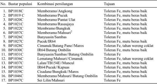 Tabel 3. Bulk populasi (generasi F4) untuk seleksi keracunan Fe di Tamanbogo Lampung, MT  1998/99