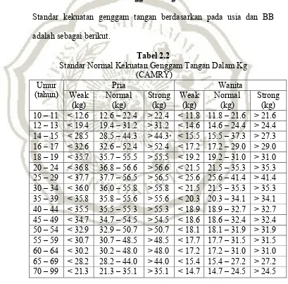 Tabel 2.2 Standar Normal Kekuatan Genggam Tangan Dalam Kg 