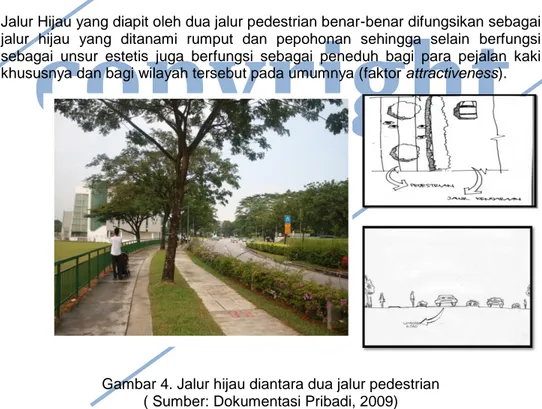Gambar 4. Jalur hijau diantara dua jalur pedestrian  ( Sumber: Dokumentasi Pribadi, 2009)  